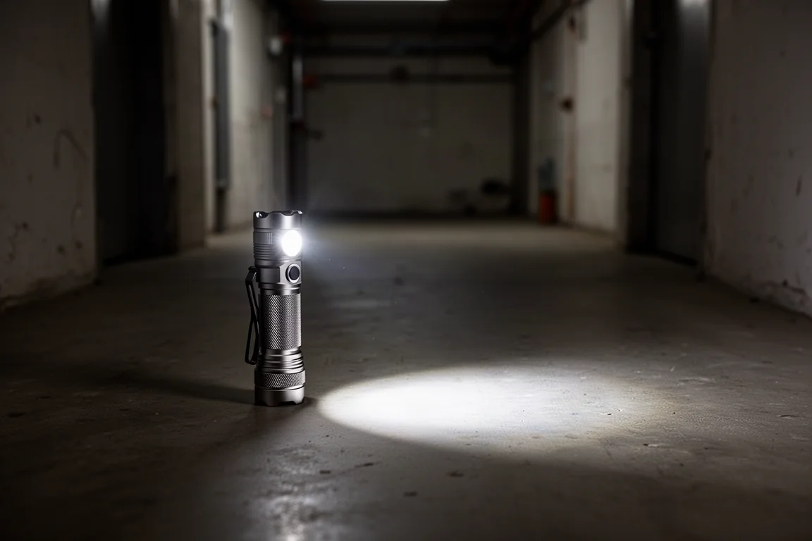Compact metal flashlight casting a focused beam on a dark industrial aisle floor