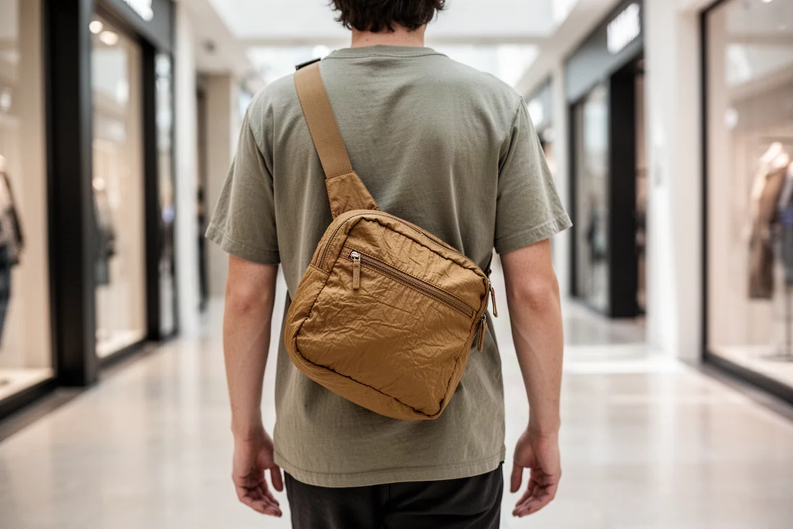 Tan crinkle nylon sling bag worn over the shoulder in a bright mall corridor