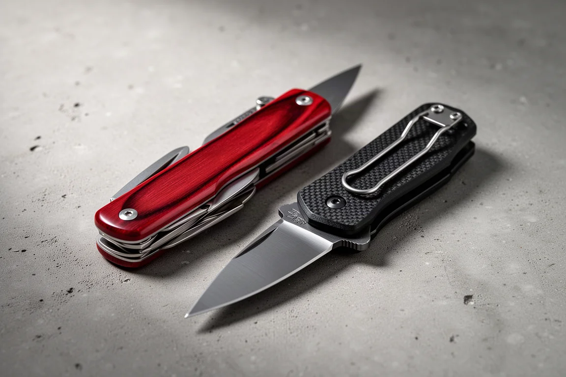 Two slim pocket knives, one red and one black, side by side on concrete