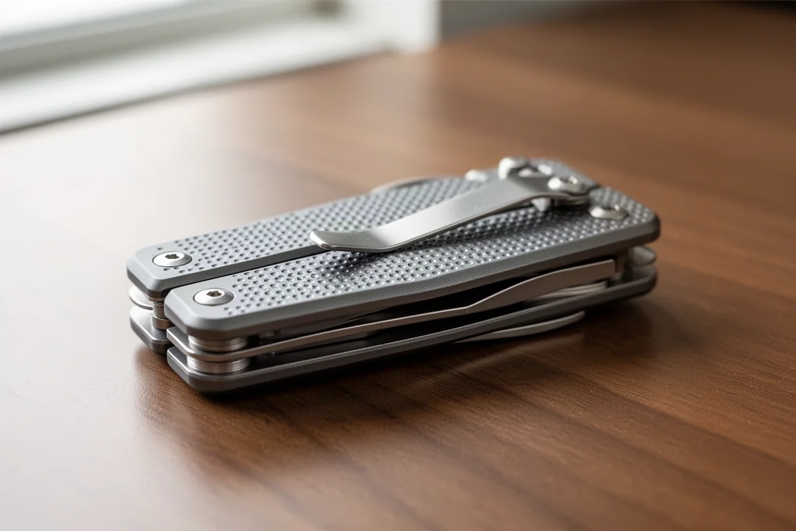Compacte tweeklaags zakmultitool gesloten afgebeeld met aluminium klingen in stippatroon