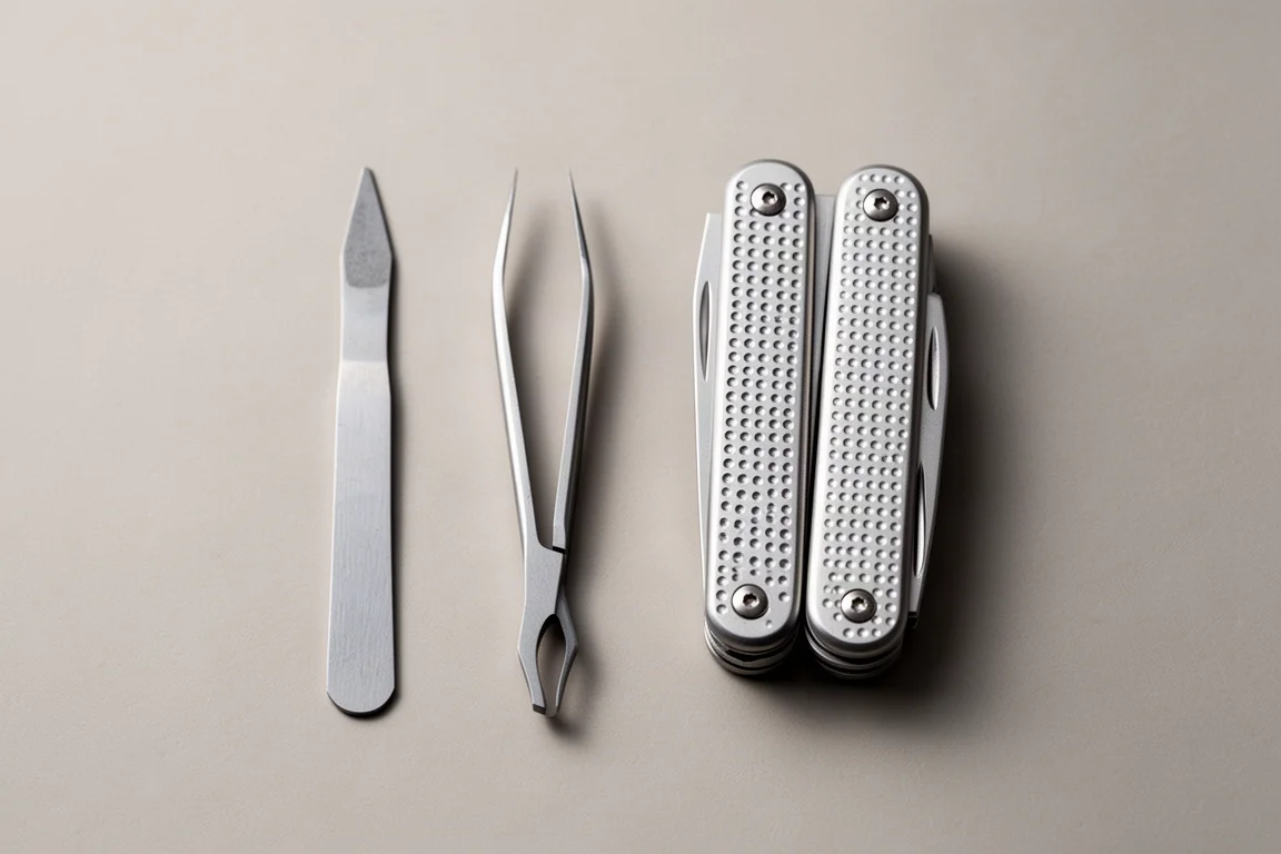 Pincet en stalen prikker uit de klingen liggen naast de multitool uitgestald