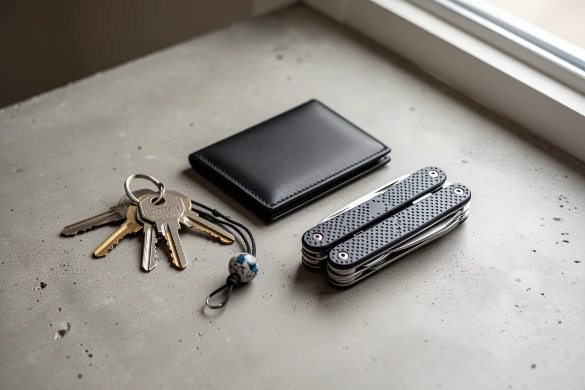 EDC-items op een bureau gerangschikt met sleutels, portemonnee en een compacte multitool