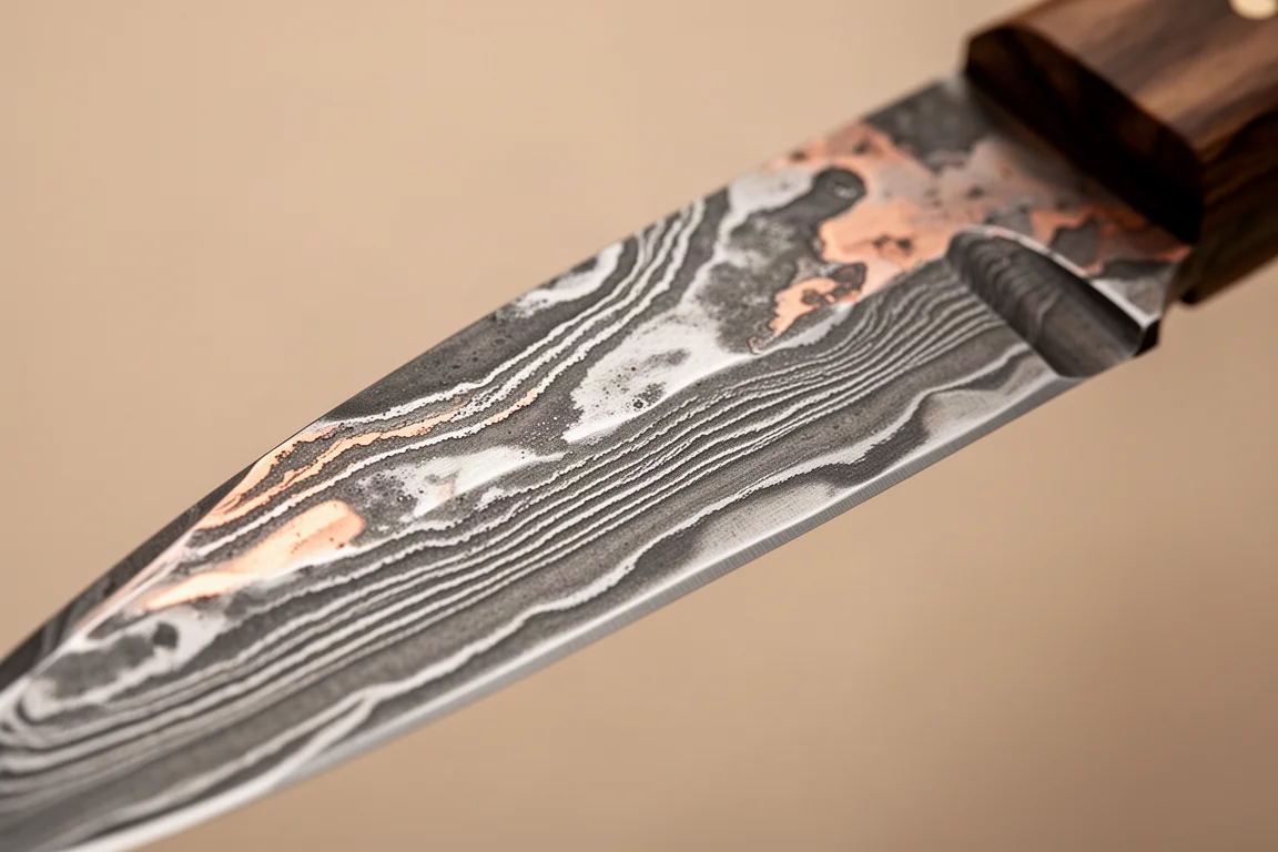 Primer plano del recubrimiento de acero Damascus aleatorio en capas sobre la hoja de un cuchillo de chef