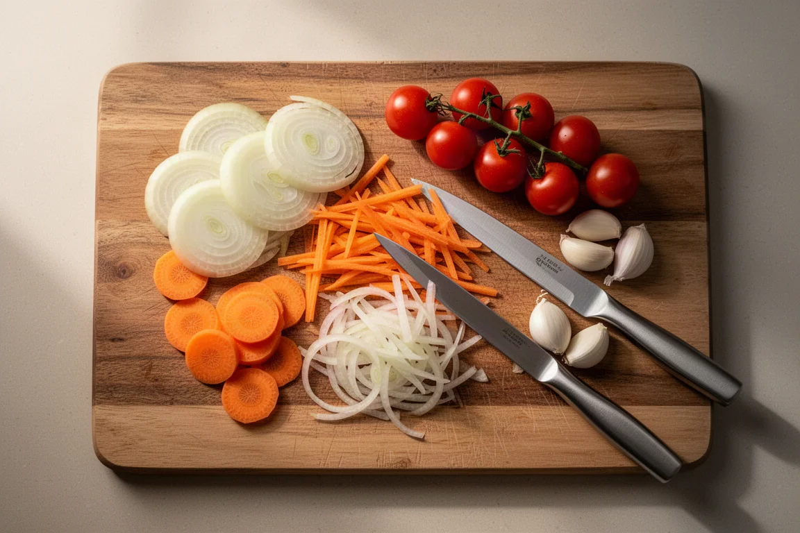 Verduras cortadas dispuestas sobre una tabla de cortar de madera después de la preparación