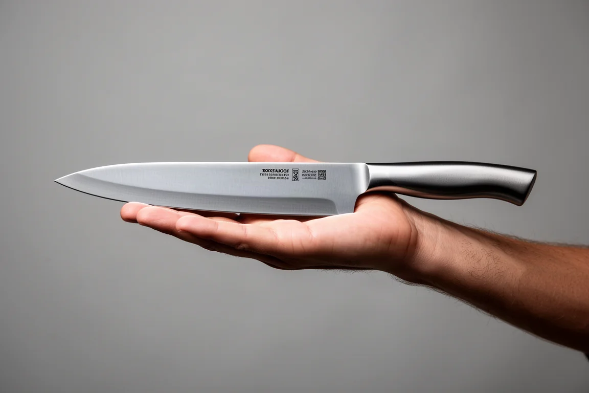 Un cuchillo de chef largo equilibrado en horizontal sobre la palma extendida de una mano