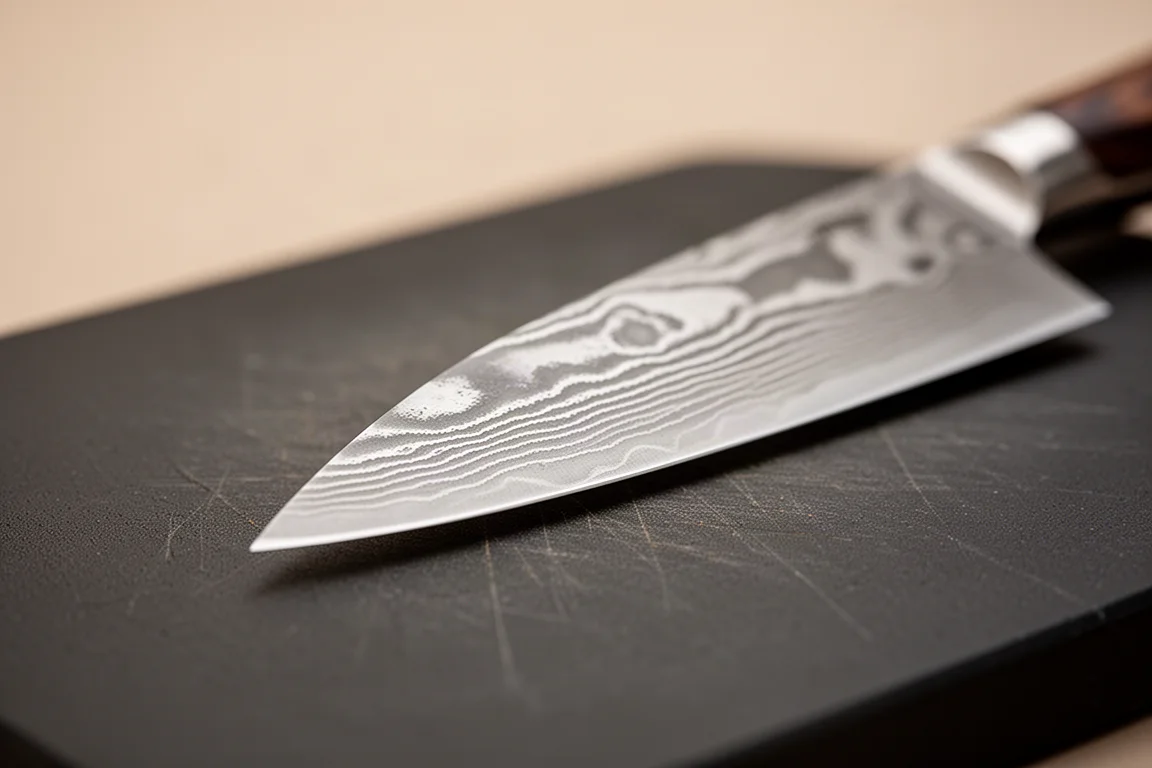Primer plano de una fina punta de cuchillo apoyada sobre la superficie de una tabla de cortar