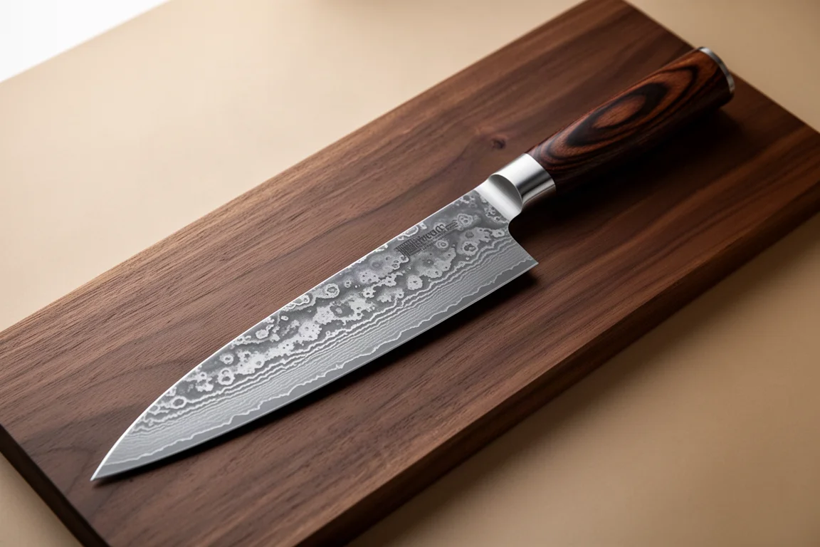 Long Damascus-clad chef's knife with hardwood handle on a walnut cutting board