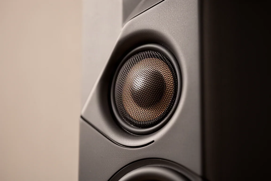 Détail macro d'un tweeter à dôme textile encastré dans un baffle d'enceinte sombre