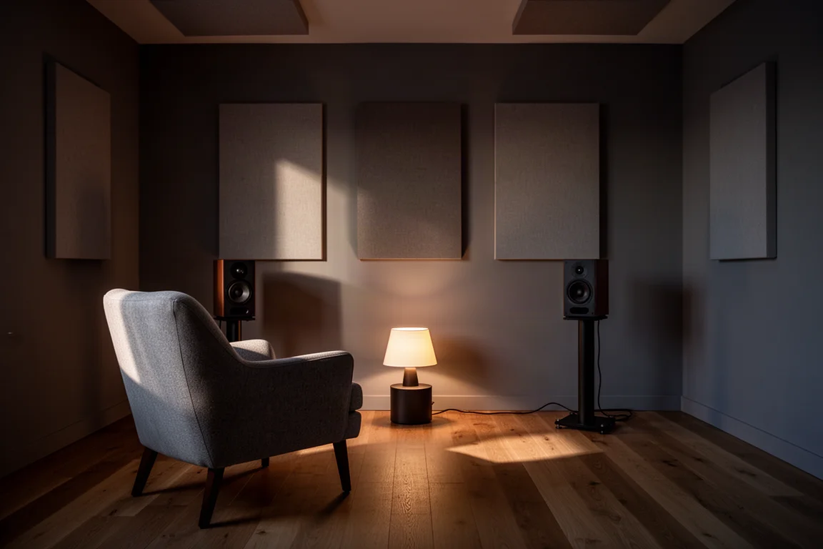 Pièce d'écoute calme au crépuscule avec fauteuil et deux enceintes sur pieds