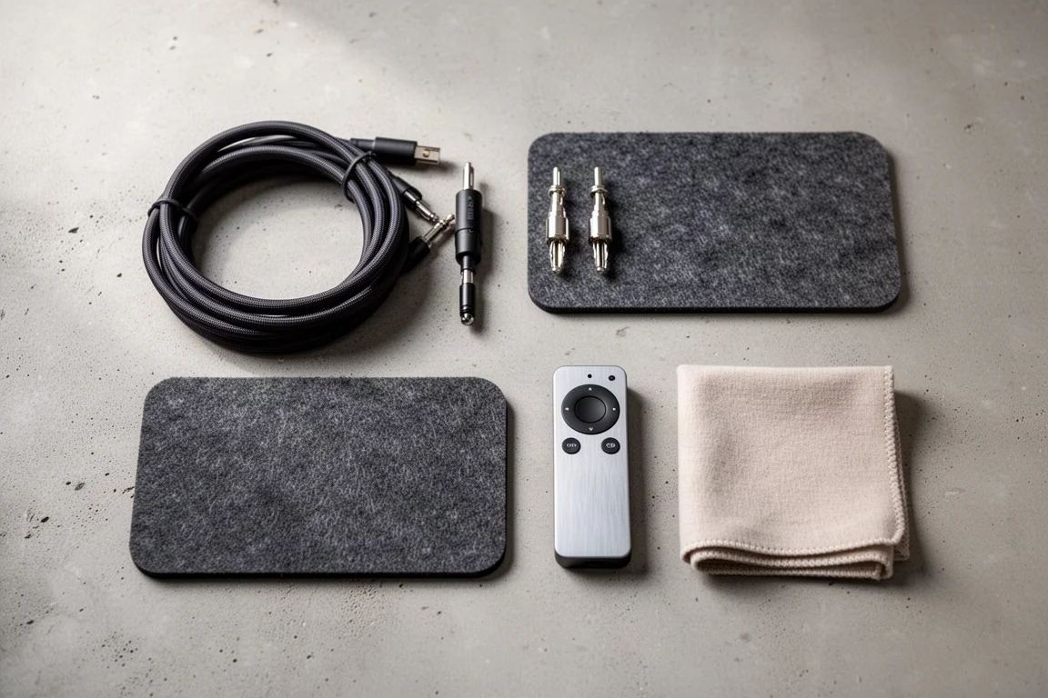 Vue à plat de câbles d'enceinte, fiches banane et tapis de platine en feutre