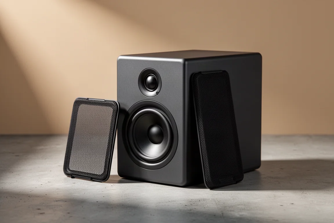 Compact dark bookshelf speaker with removable fabric grille on a concrete surface