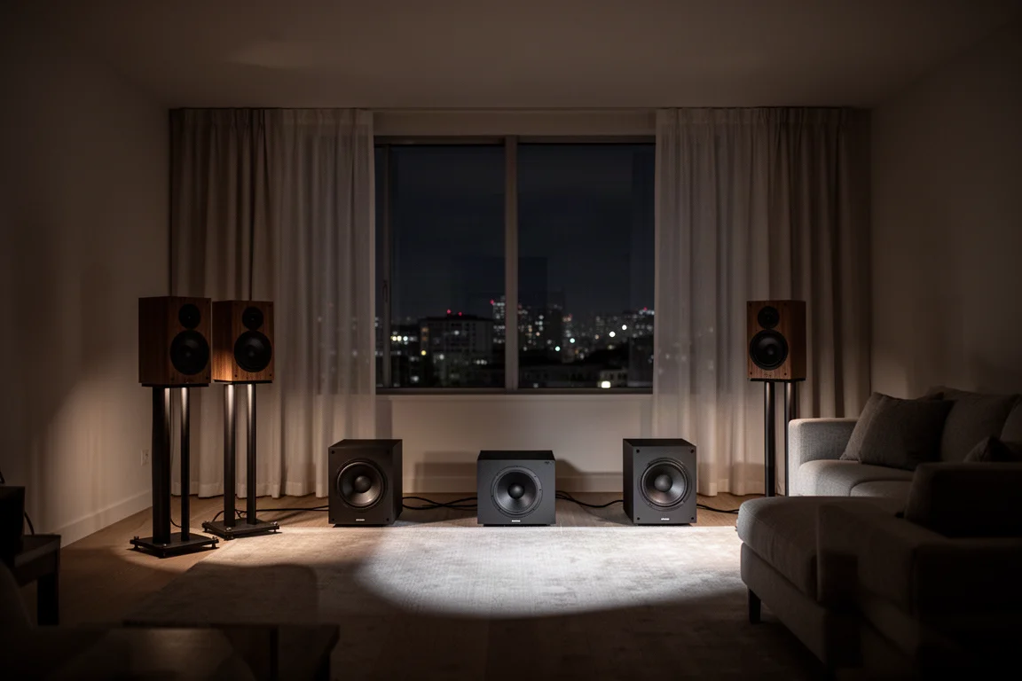 Dim living room at night with a wide speaker stage and a subwoofer on the floor