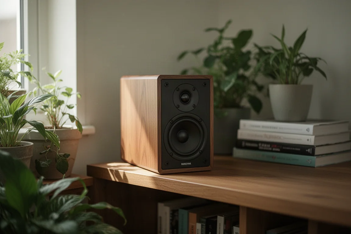 Compact bookshelf speaker on a low shelf in a small apartment living room