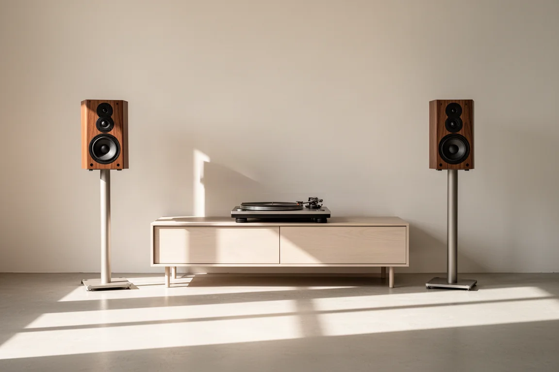 Stereo bookshelf speakers on stands in a bright minimal room with a turntable