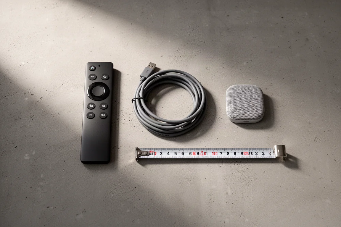 Overhead flat lay of a remote, speaker cable, grille, and measuring tape