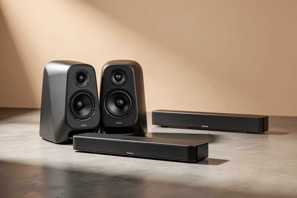 Home theater speaker package with two bookshelf speakers, a slim center channel, and a soundbar