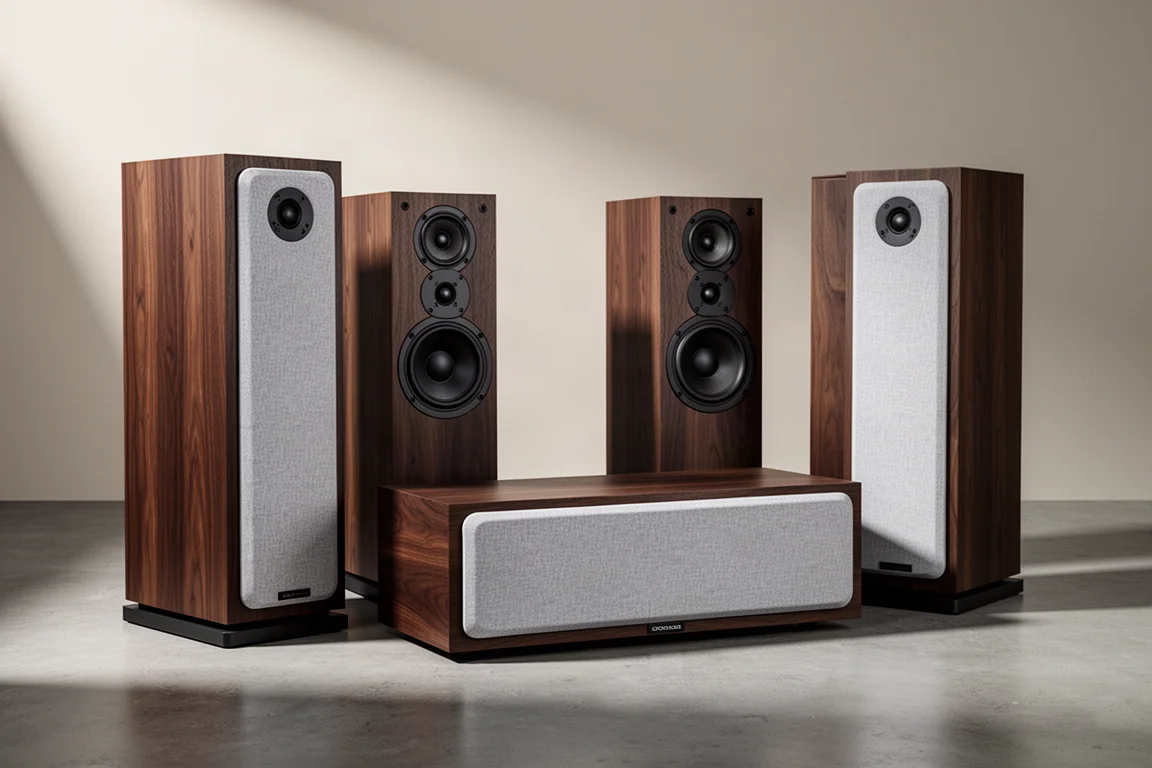 Five-piece Jamo S Series home theater speaker set arranged on a concrete floor