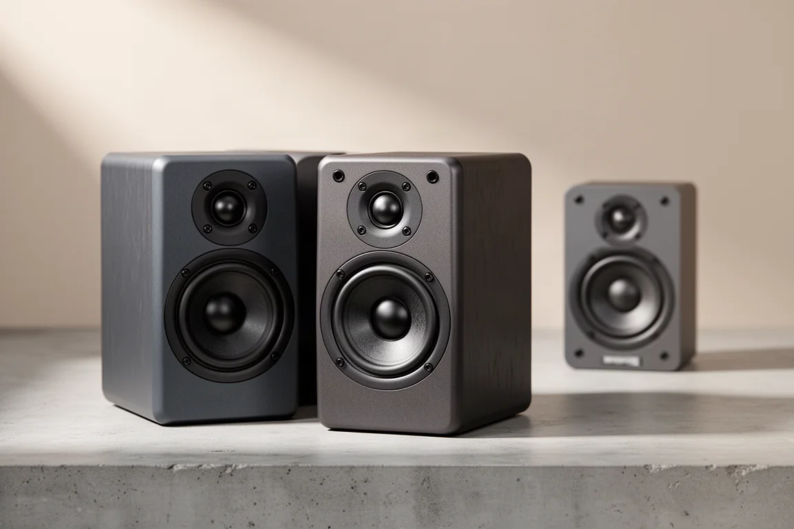 Three compact budget bookshelf speakers arranged on a matte concrete surface