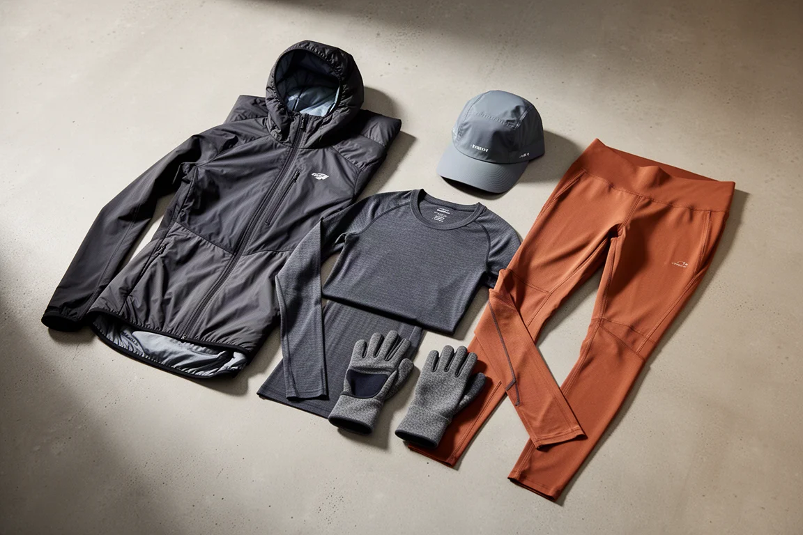 Janji winter running apparel collection arranged on a concrete surface