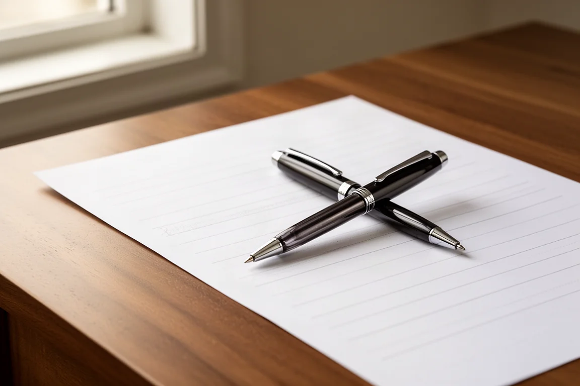 Een premium gelpen met deksel rustend naast een blad geschreven tekst op een houten bureau