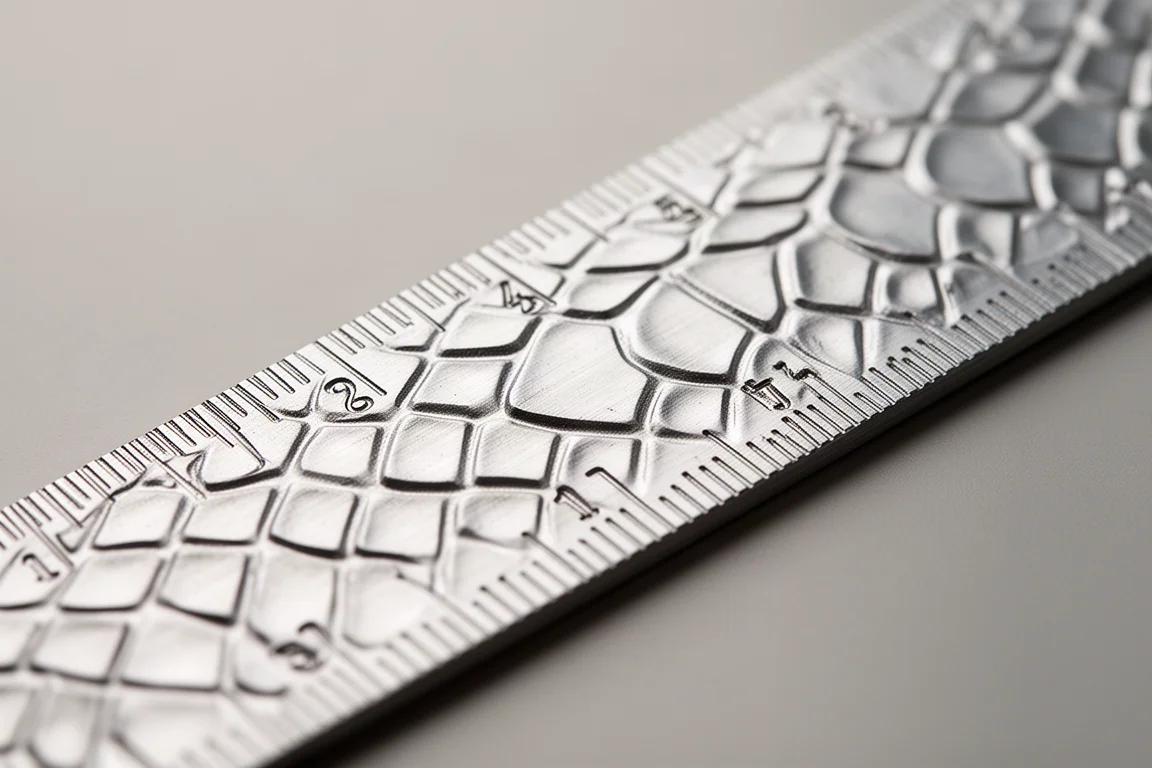 Close-up van een aluminium liniaal met een gegraveerd, diamantgeslepen textuuroppervlak