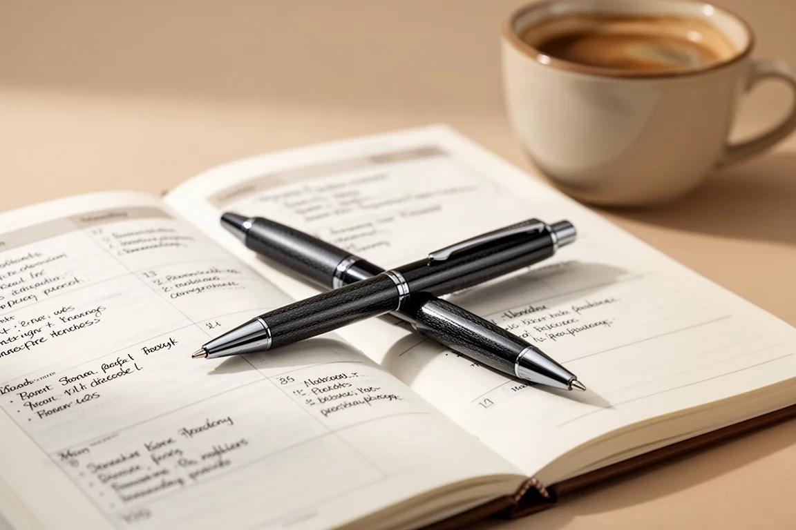 Een multifunctionele pen met donkere afwerking liggend op een geopende agenda met daarnaast handgeschreven notities