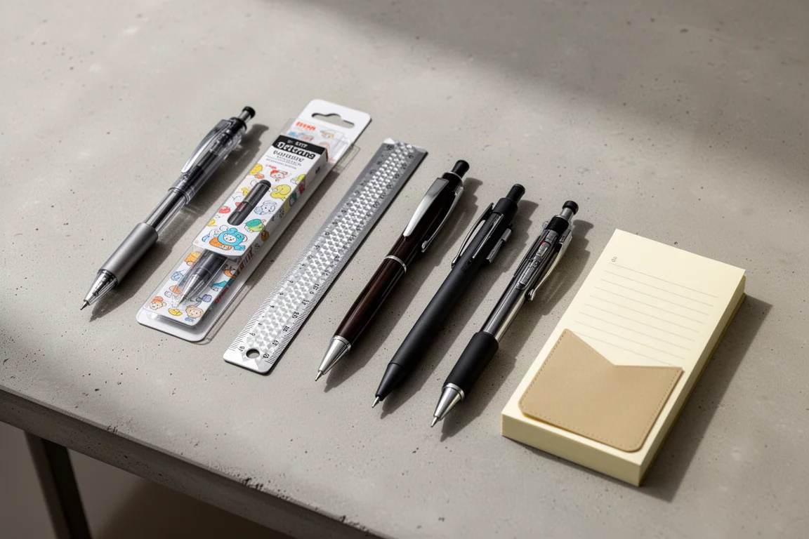Flat-Lay mit sieben Stationery-Artikeln, darunter Stifte, ein Bleistift, ein Lineal und ein Memo-Notizbuch