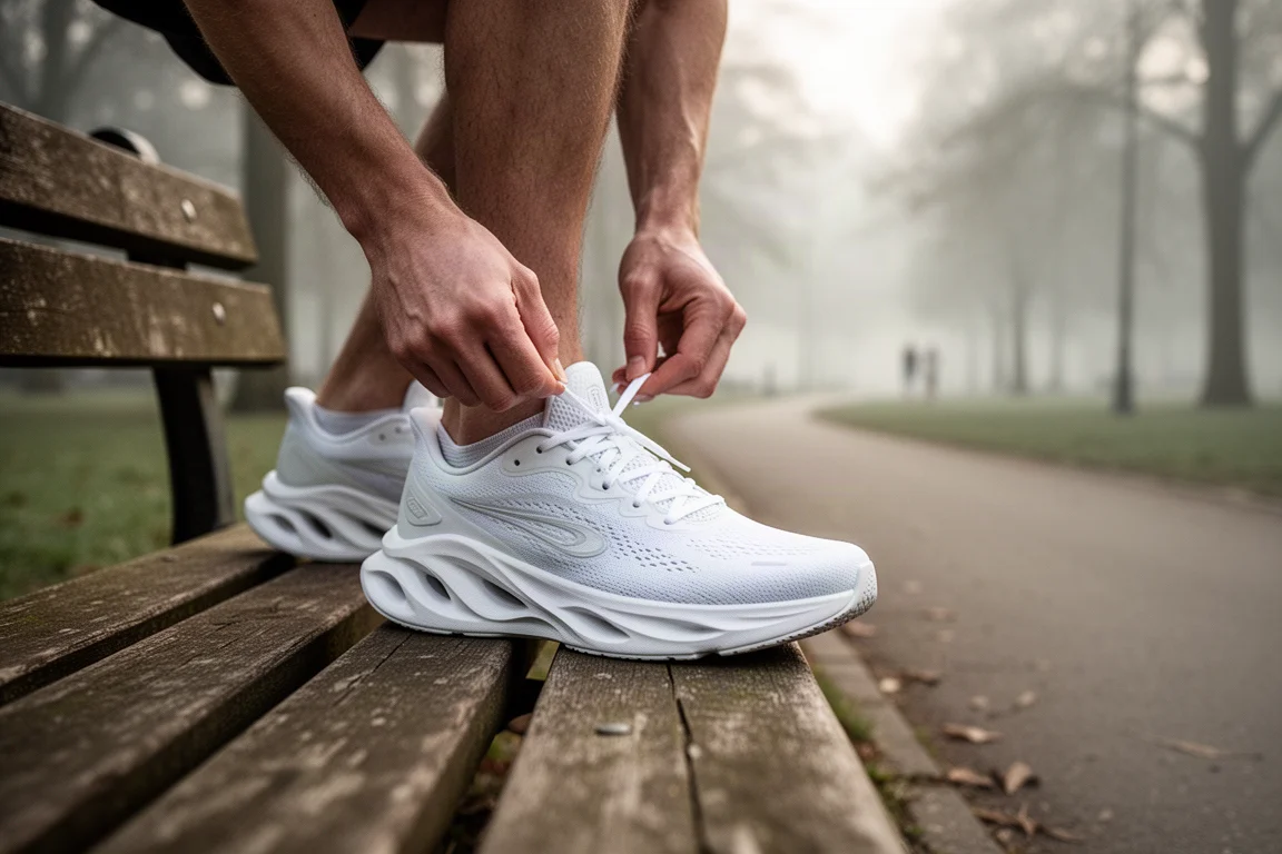 Runner lacing up a new pair of running shoes before heading out on an easy run