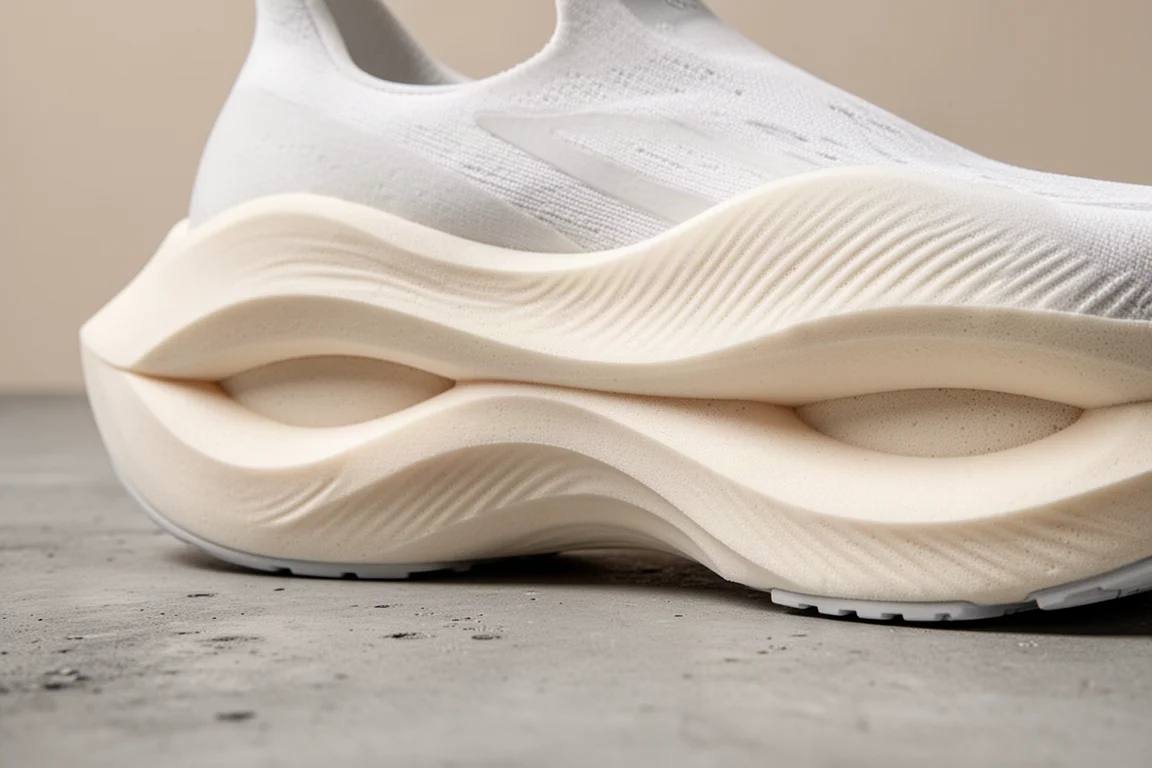 Close-up of a dual-density running shoe midsole showing layered foam texture