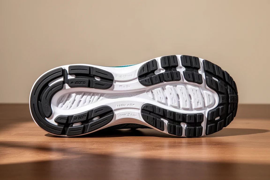 Underside of a running shoe showing thick rubber outsole coverage on heel and forefoot
