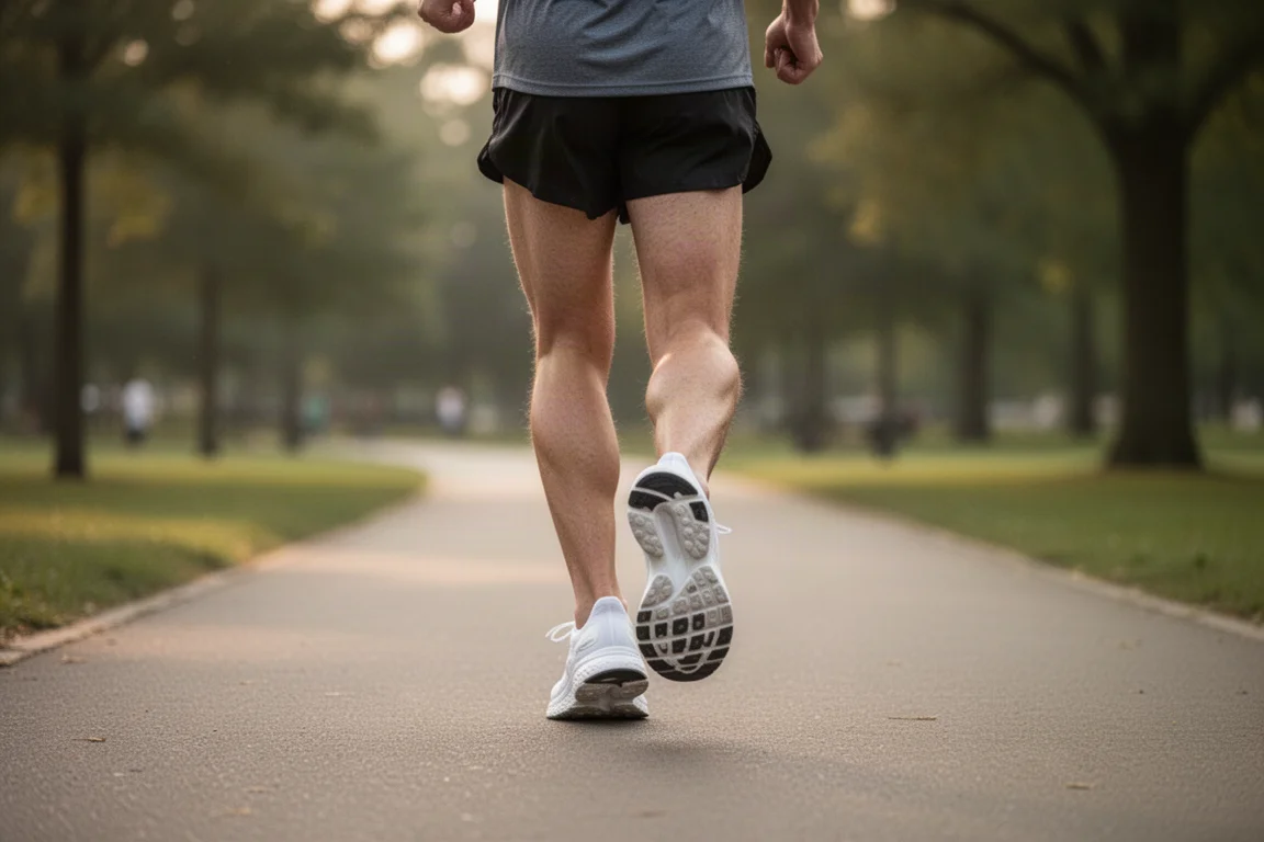 Runner cruising along a quiet paved path at an easy pace in soft light
