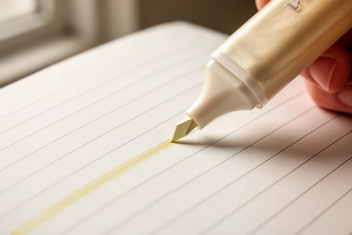 A highlighter drawing a perfectly straight line along ruled notebook paper