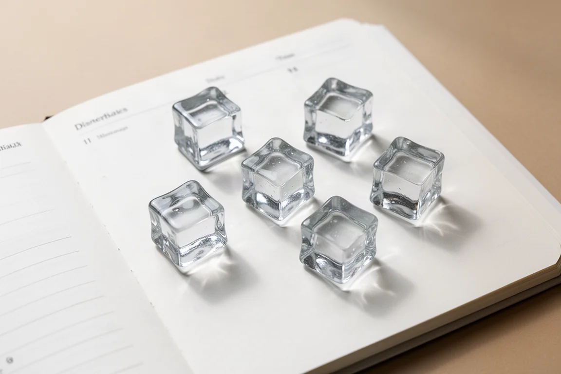 Translucent ice cube shaped clear stamps lined up on a planner page