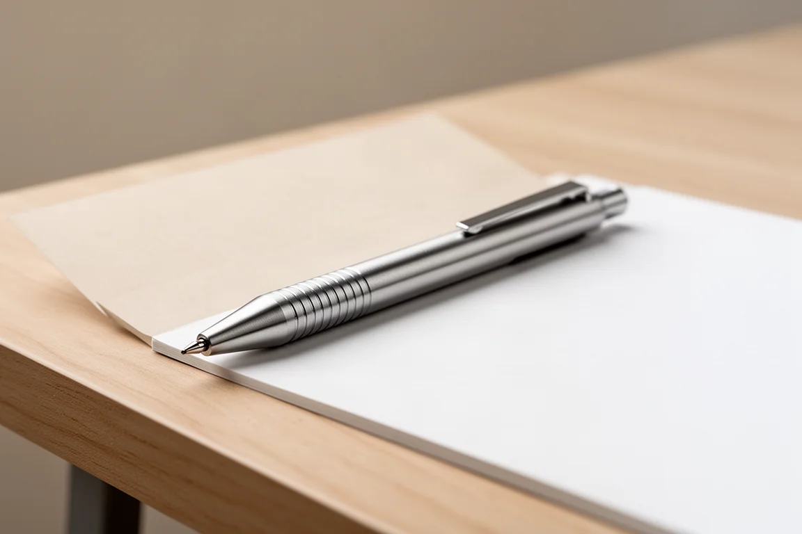 Brushed aluminum mechanical pencil with a gently grooved grip on a wooden desk