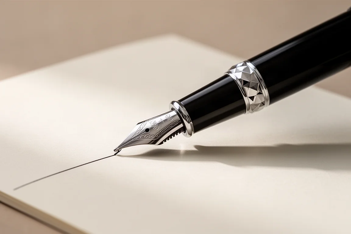 Fountain pen with faceted grip being adjusted, nib resting on notebook paper