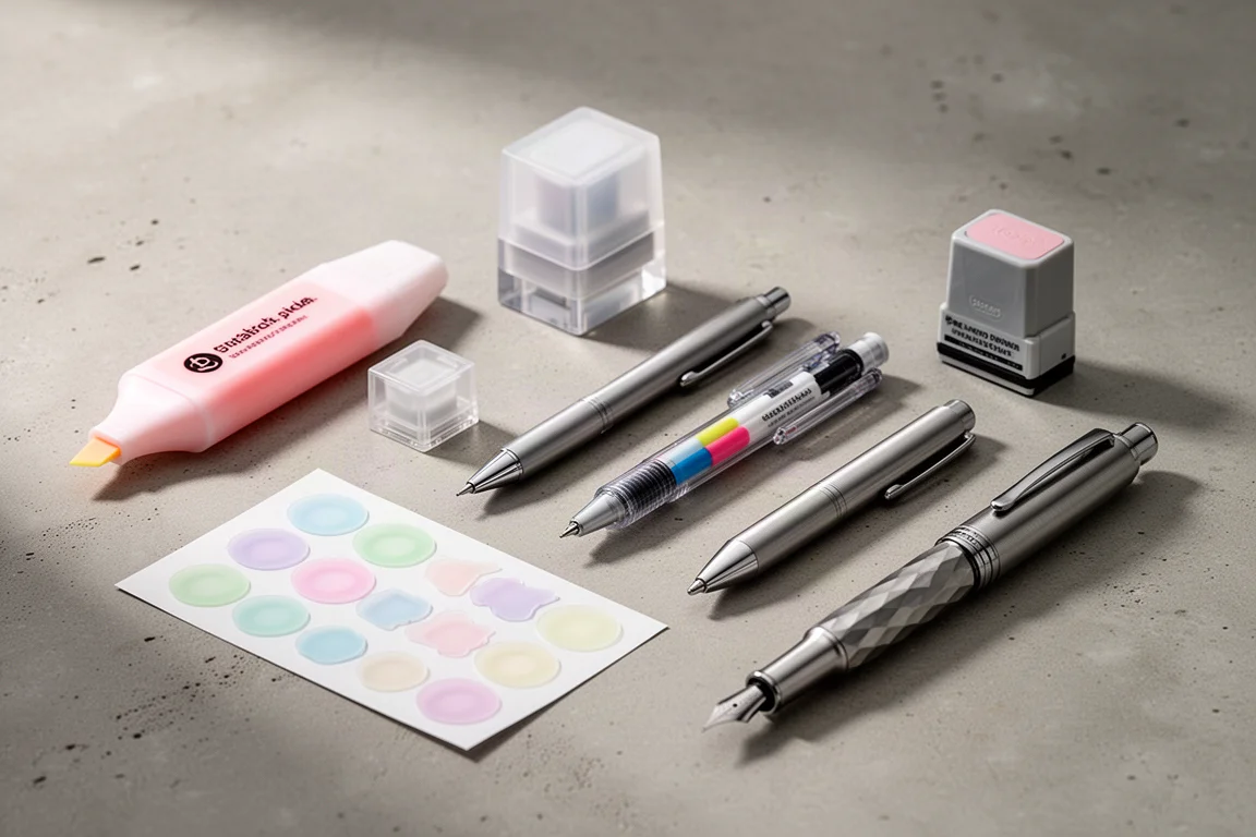 A collection of Japanese stationery items including pens, highlighters, stamps and stickers arranged on a concrete surface