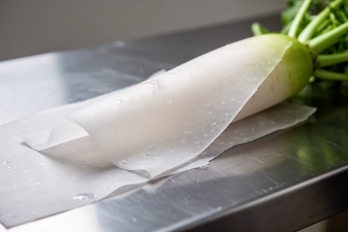 Cienki, prześwitujący plaster daikon świeżo pokrojony na powierzchni roboczej