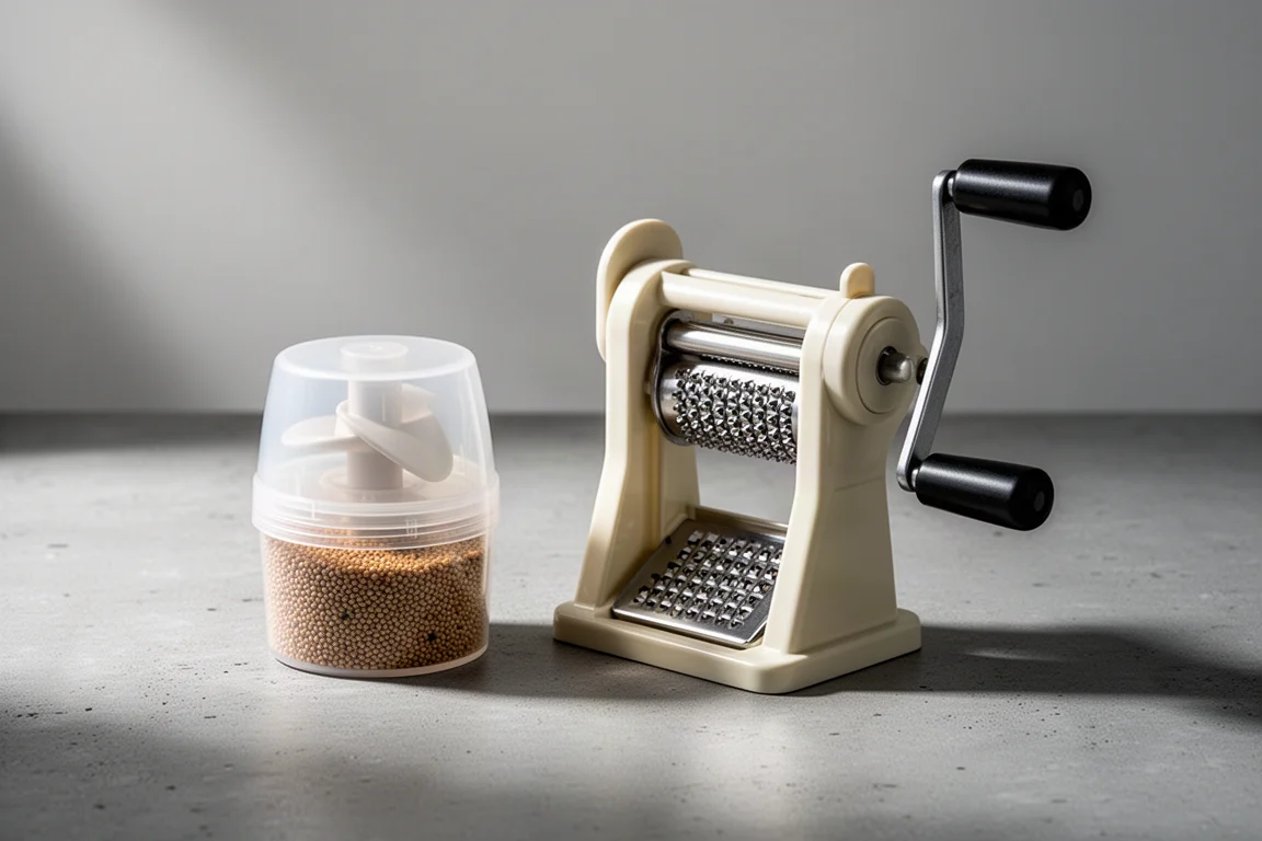A sesame seed grinder and a crank vegetable turner on a concrete surface