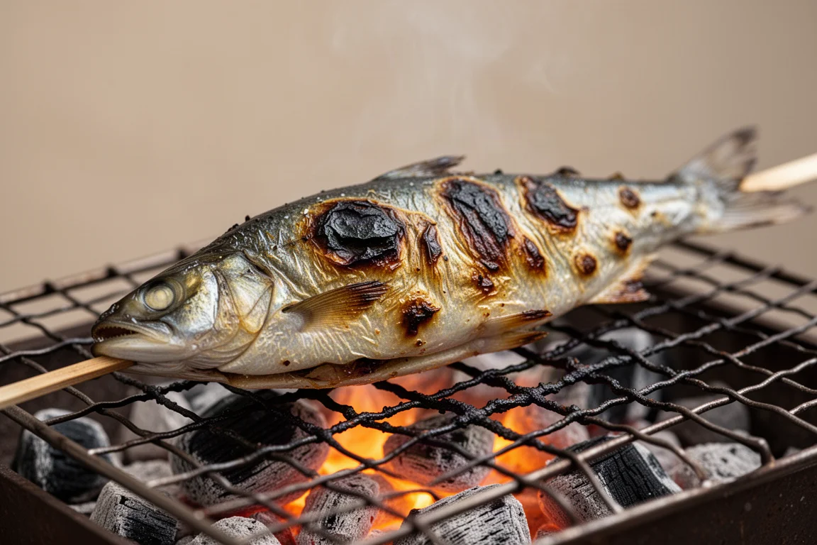 Patyczek z grillowaną rybą spoczywający na gorącym grillu węglowym z delikatnymi śladami przypieczenia