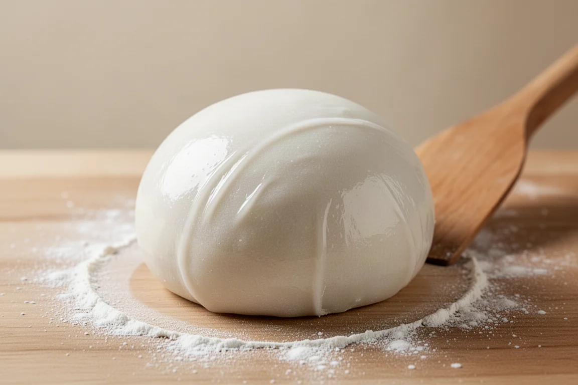 Gładka biała kulka świeżo ugniatanego ciasta mochi na posypanej mąką powierzchni