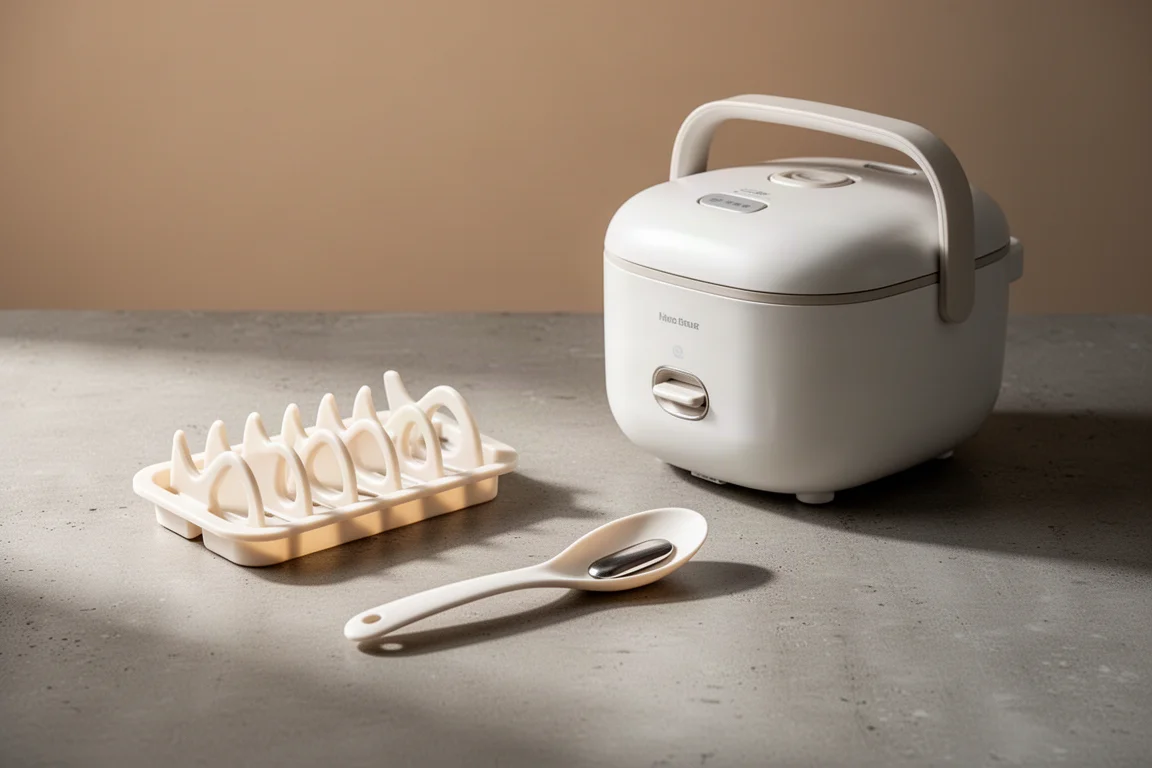 Three Japanese kitchen gadgets including a fish mold, an electric spoon, and a mochi maker on a concrete surface