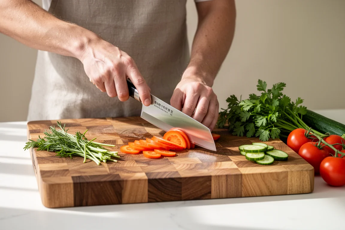 Un appassionato di cucina affetta verdure su un tagliere di legno in una cucina luminosa