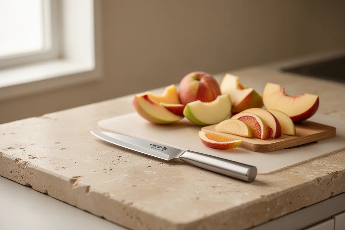Un piccolo coltello petty appoggiato accanto a frutta tagliata su un piano cucina pulito