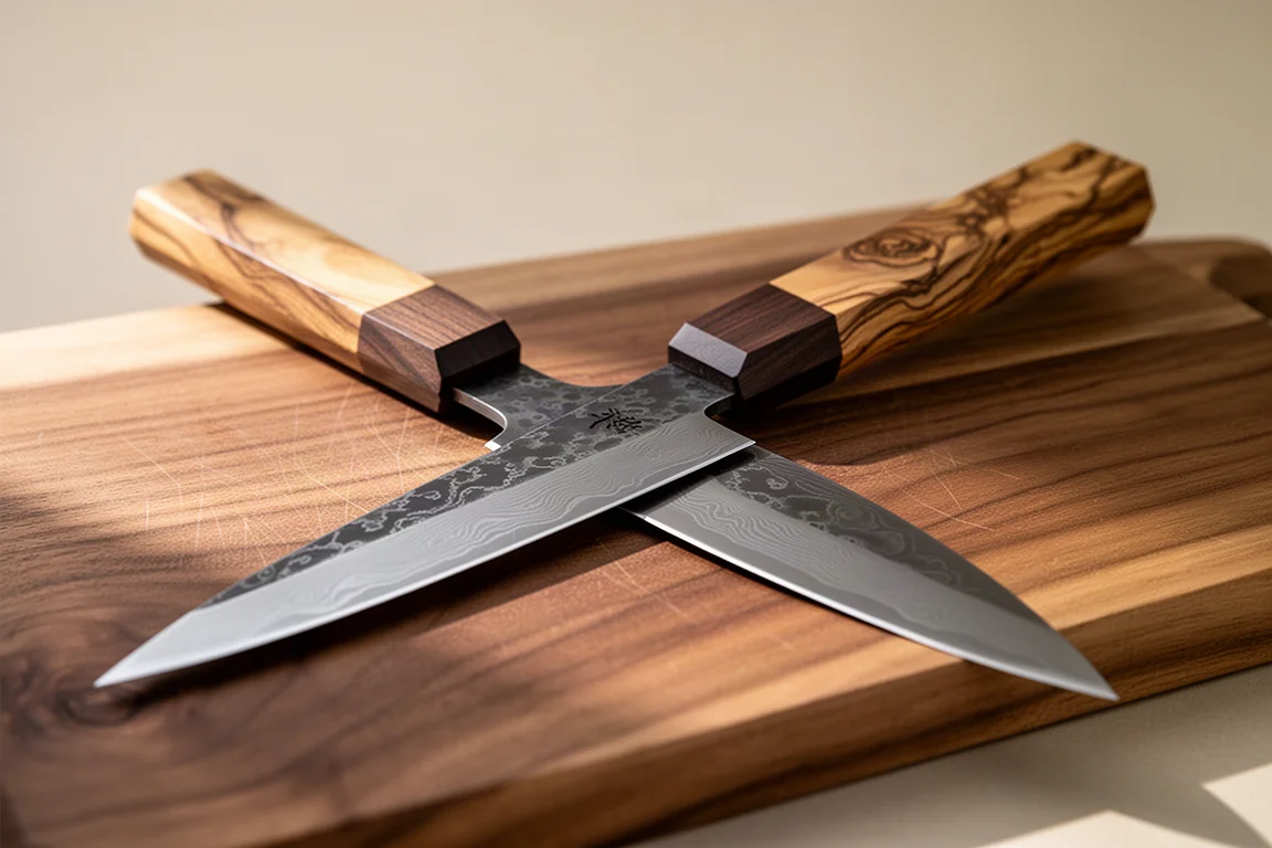 Octagonal wa-handle knife resting on a walnut cutting board