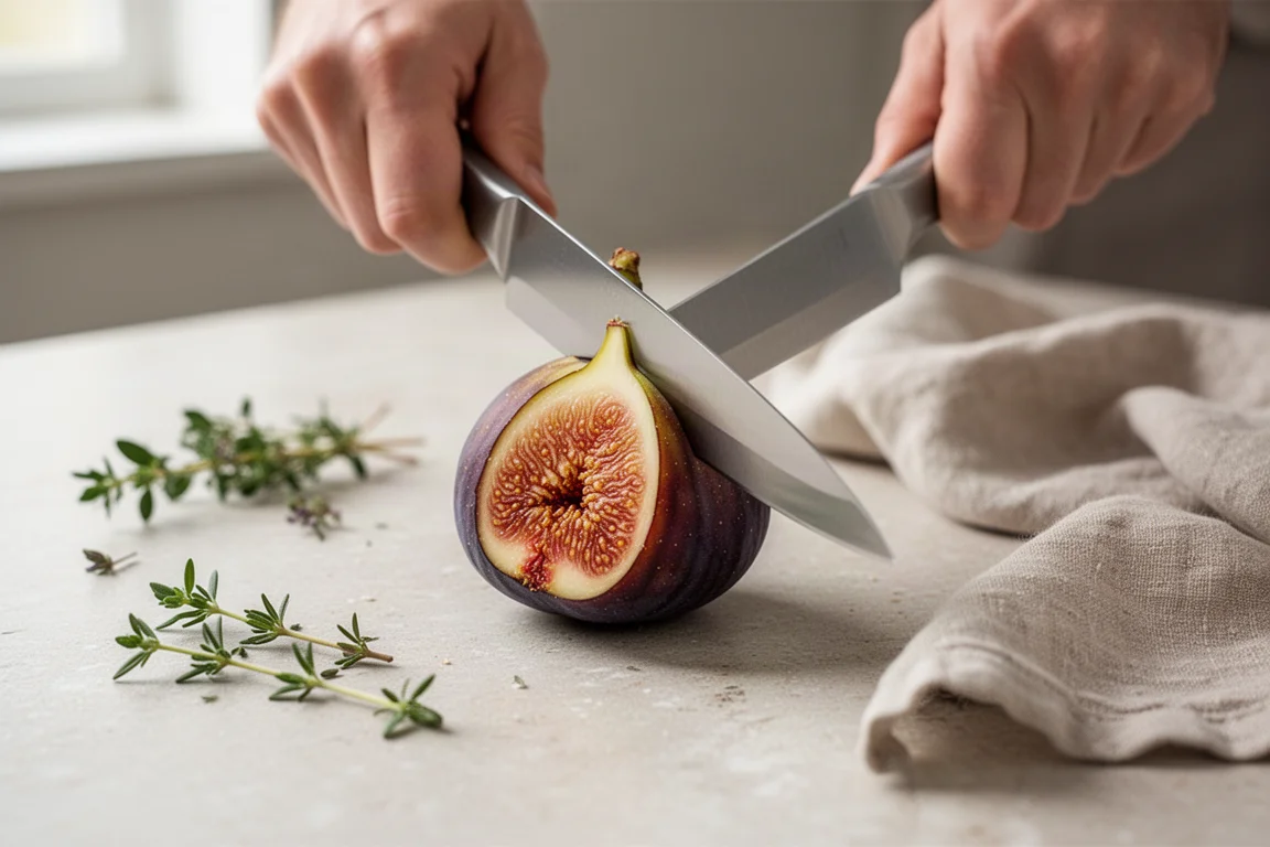 Small petty knife slicing soft fruit on a light stone counter