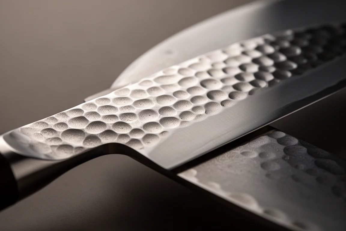 Hammered tsuchime blade texture catching soft light