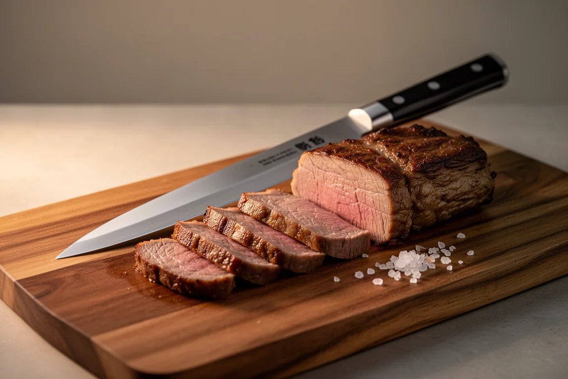 Long sujihiki slicer resting beside sliced roast on a board
