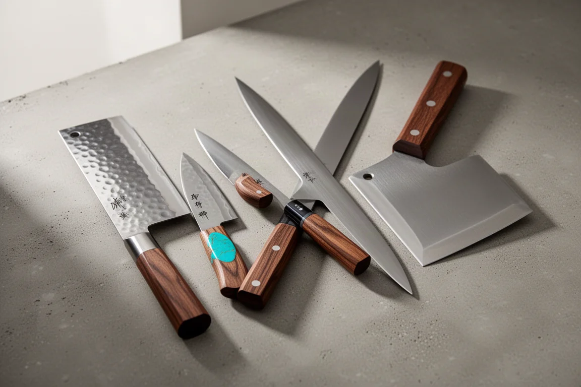 Lineup of Japanese kitchen knives including a nakiri, petty, sujihiki and cleaver on concrete