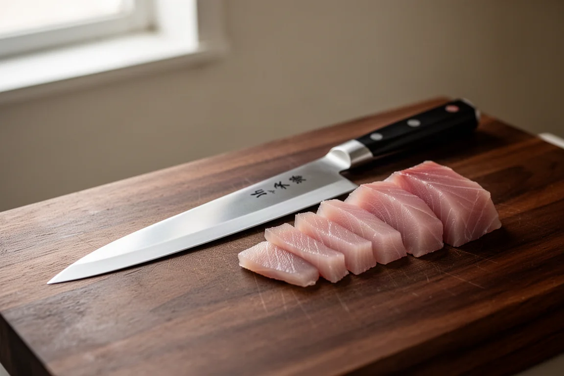 Lungo yanagiba appoggiato su un tagliere di legno accanto a pesce affettato