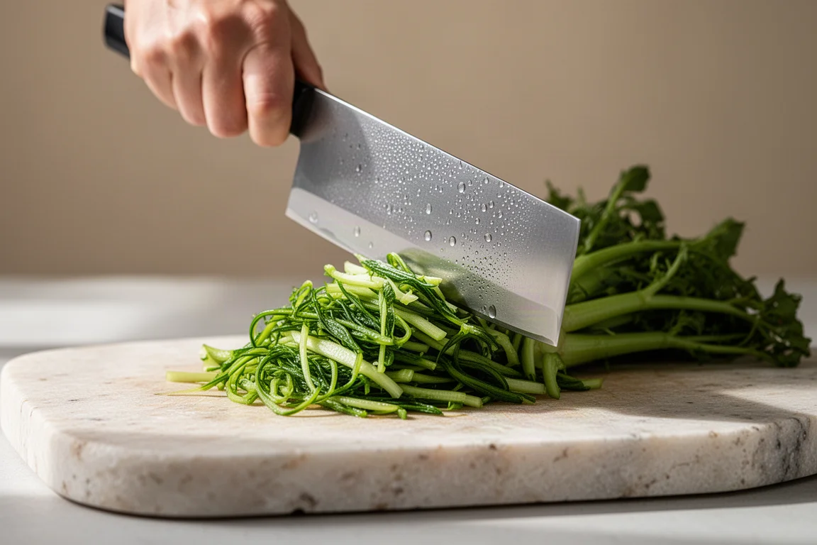 Nakiri a metà taglio su verdure fresche verdi